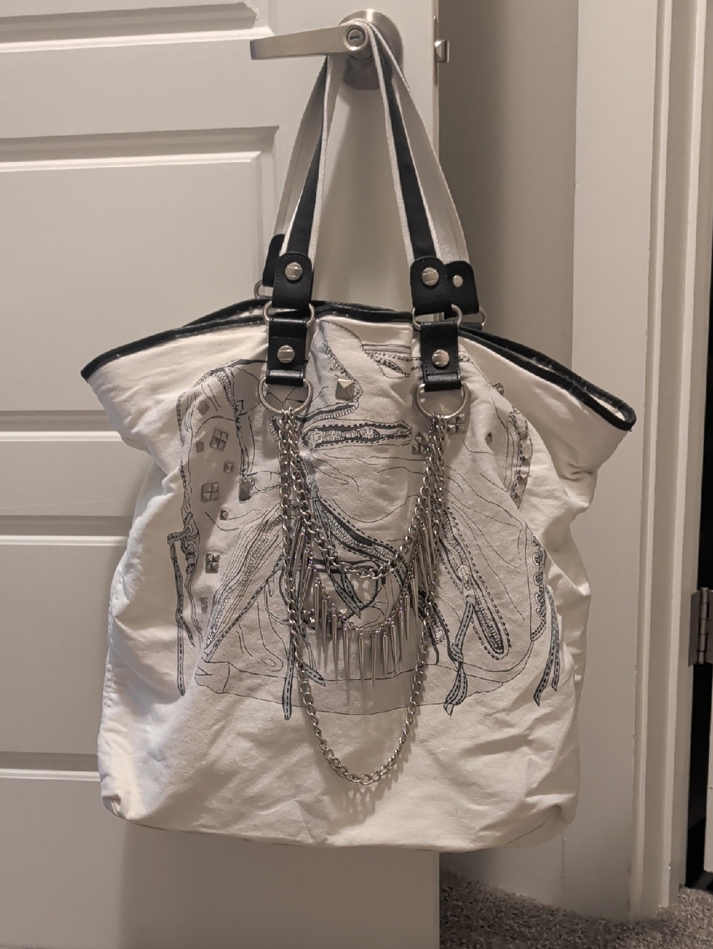 River Island White Canvas Tote with Black Trim & Silver Chain Detail